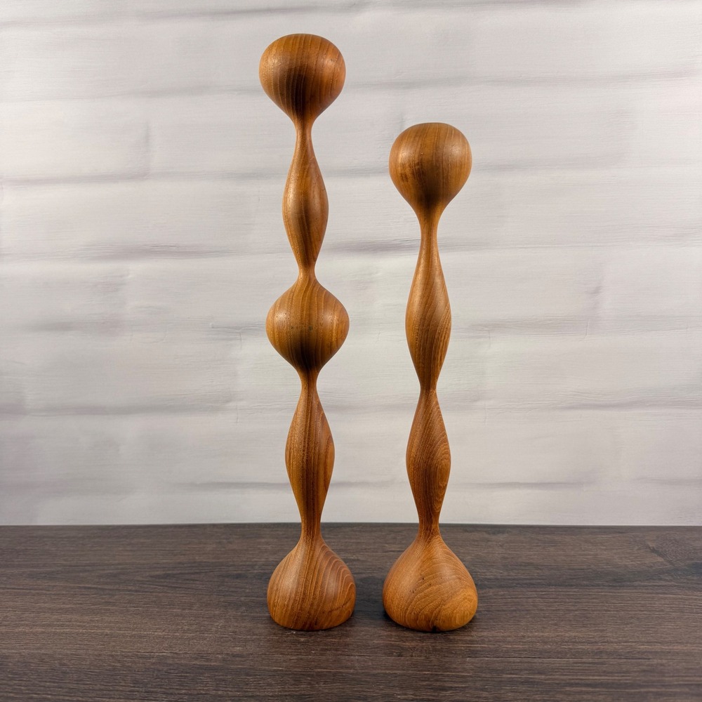 Vintage Mid Century Modern Turned Wood Candlestick Holders Set of 2 Danish Style